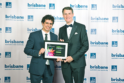 Vuly Trampolines founder Joe andon is congratulated by Brisbane Lord Mayor Graham Quirk.