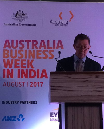 Luke Hartsuyker addresses a forum in New Delhi as part of Australian Business Week in India.