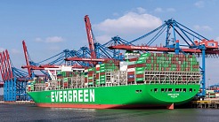 Evergreen container ship at port. Image from Peacock Tariff Consulting.